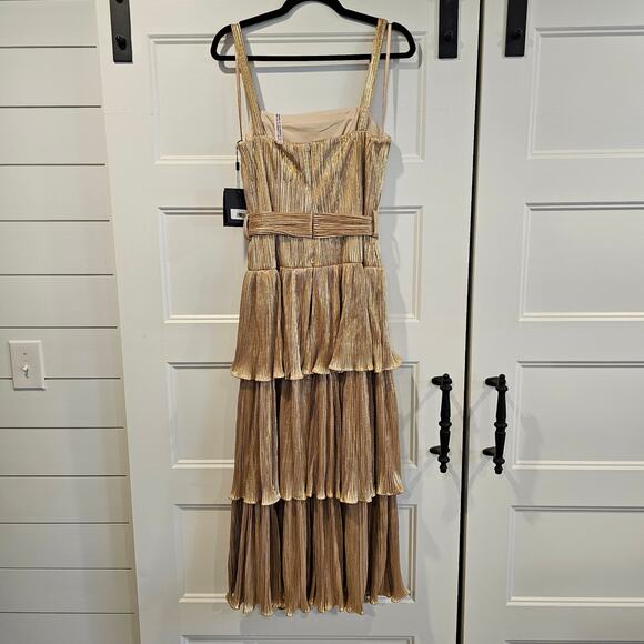 Mac Duggal 27062 Ruffle Tier Midi Metallic Gold Pleated Belted Dress Size 6 - Picture 6 of 9